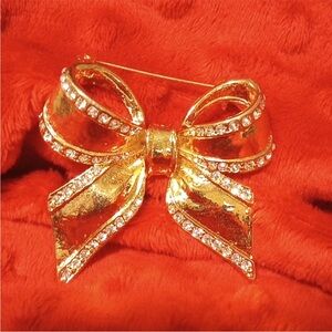 Gold Bow Brooch with Rhinestones